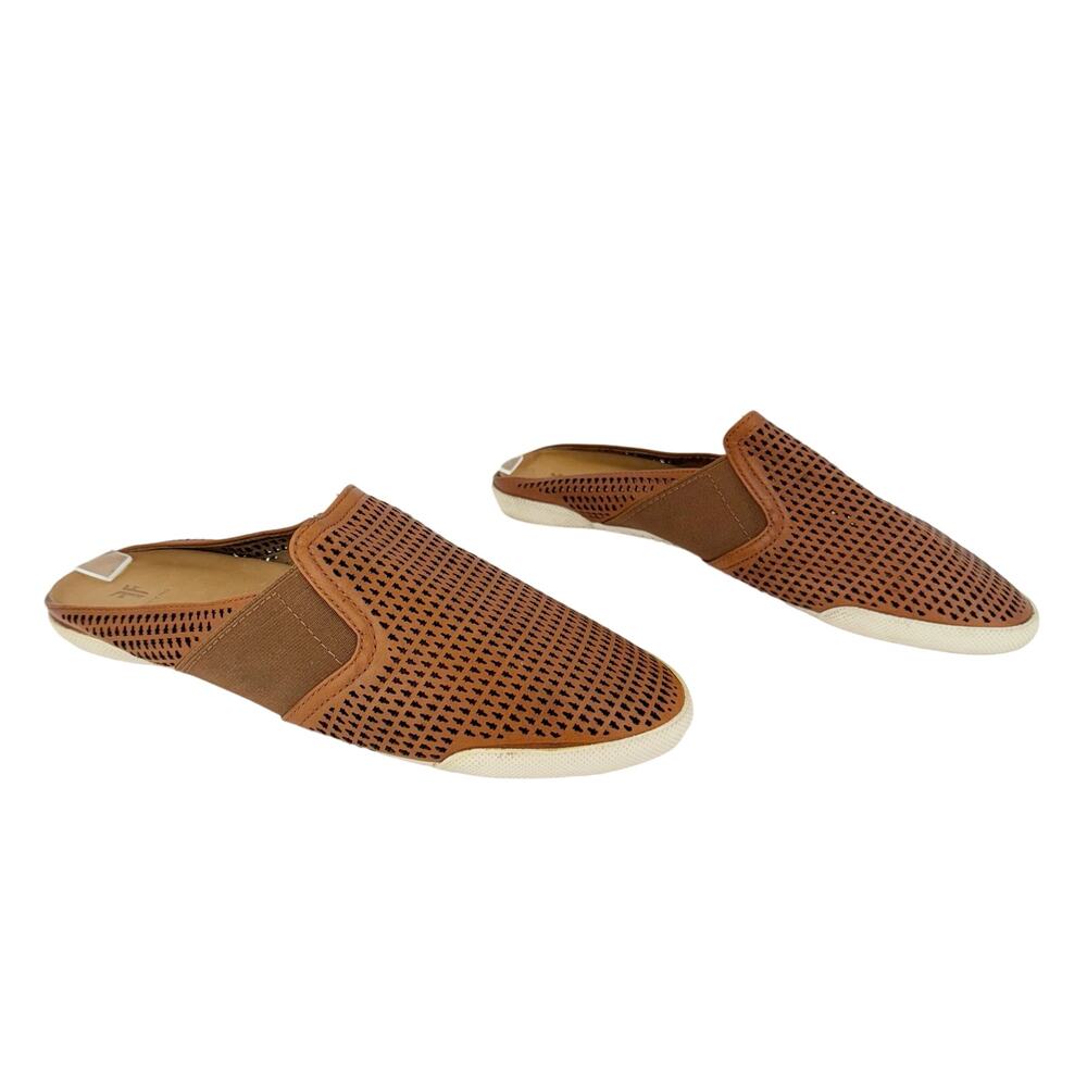 Frye Melanie‎ Perforated Brown Leather Slip On Casual Sneaker Mules Sz 9.5M